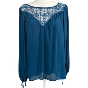 JW STYLE Women's Blouse Crew Neck Tie cuff Long Sleeves Stretchy Large Blue